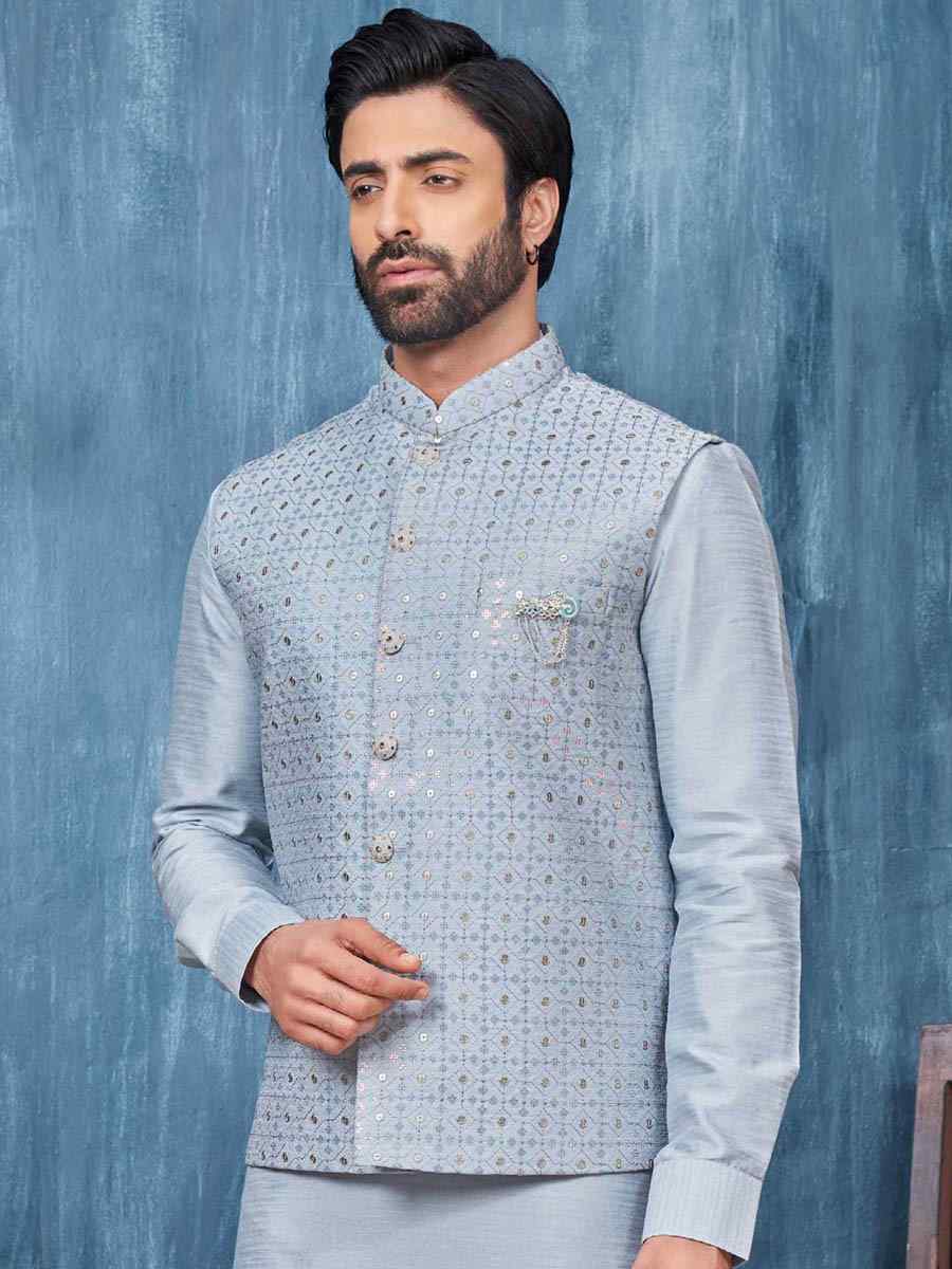 Blue Art Banarasi Silk Woven Festival Wedding Kurta