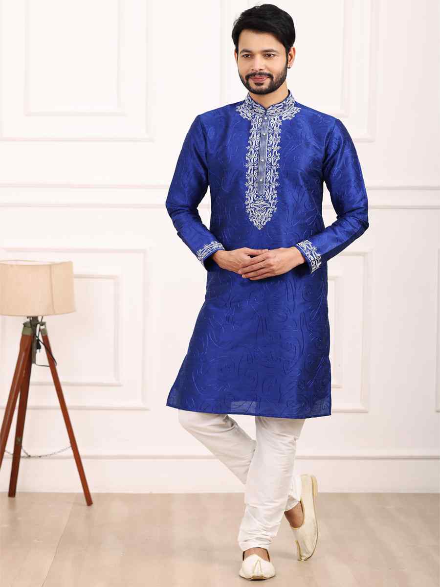 Blue Art Banarasi Silk Woven Festival Wedding Kurta