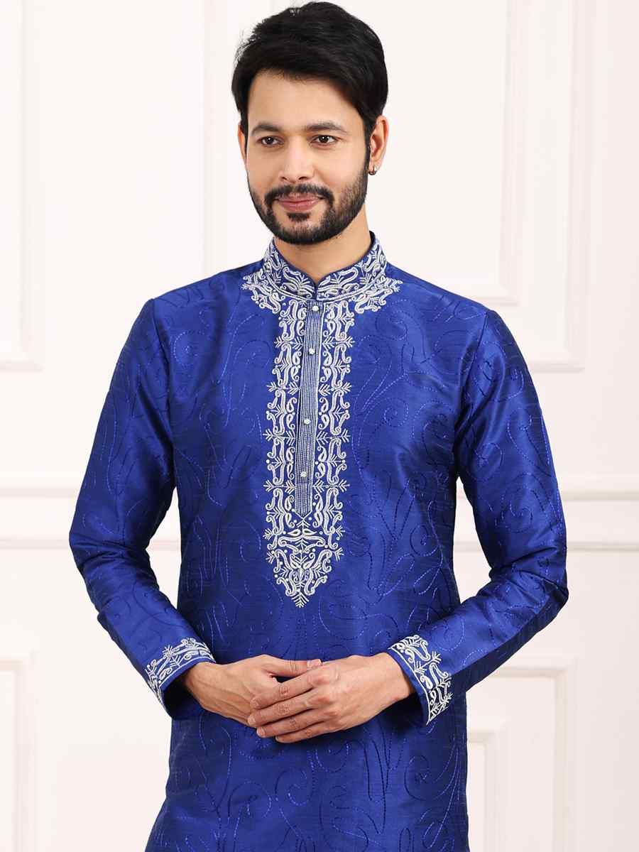 Blue Art Banarasi Silk Woven Festival Wedding Kurta