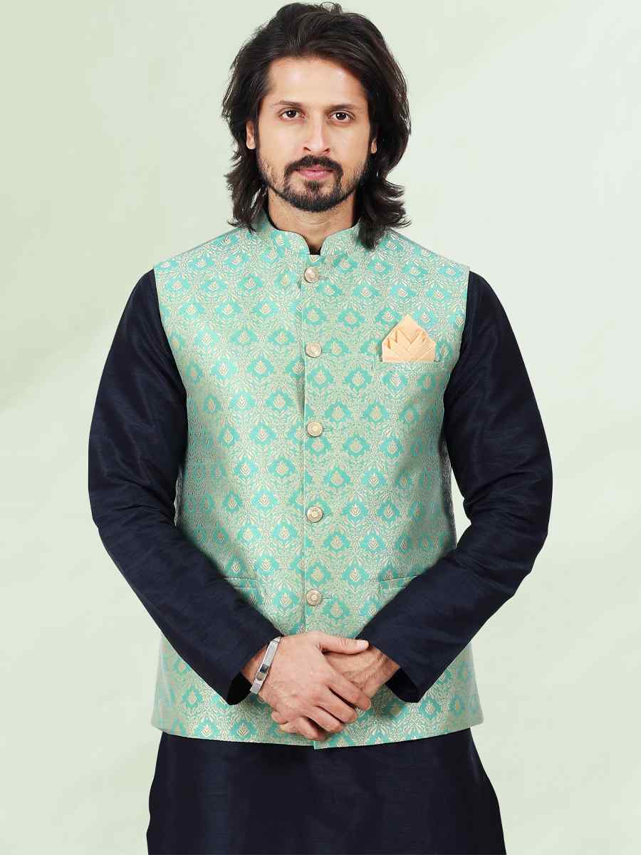 Blue Art Banarasi Silk Woven Festival Wedding Kurta