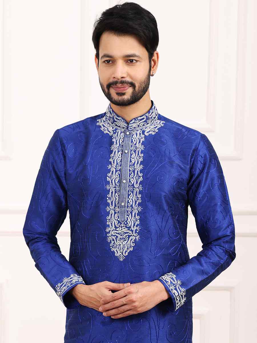 Blue Art Banarasi Silk Woven Festival Wedding Kurta