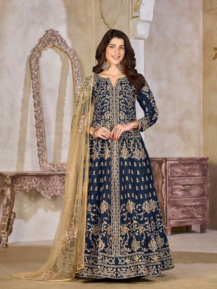 Blue Art Silk  Embroidered Bridal Festival Wedding Lawn Salwar Kameez