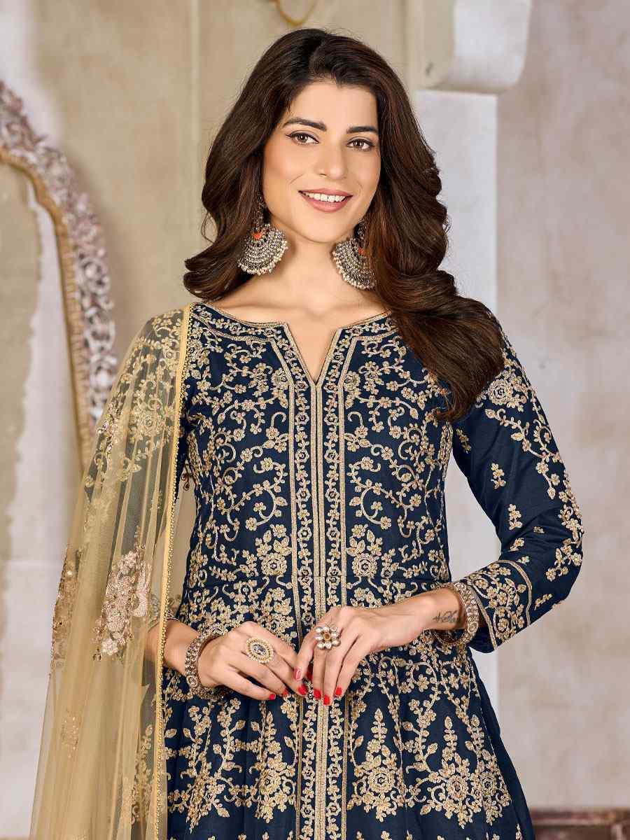 Blue Art Silk  Embroidered Bridal Festival Wedding Lawn Salwar Kameez