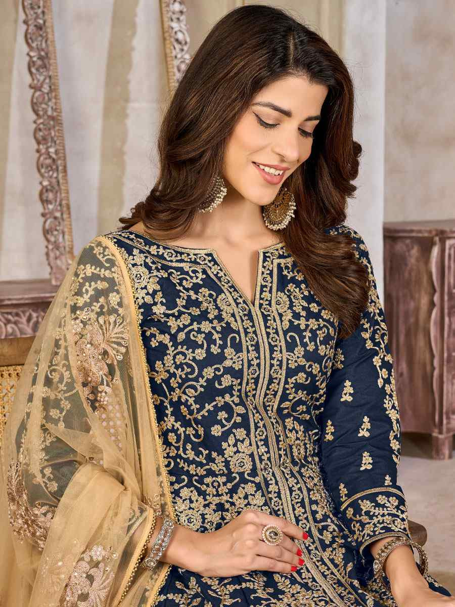 Blue Art Silk  Embroidered Bridal Festival Wedding Lawn Salwar Kameez