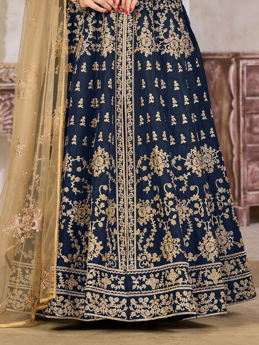 Blue Art Silk  Embroidered Bridal Festival Wedding Lawn Salwar Kameez