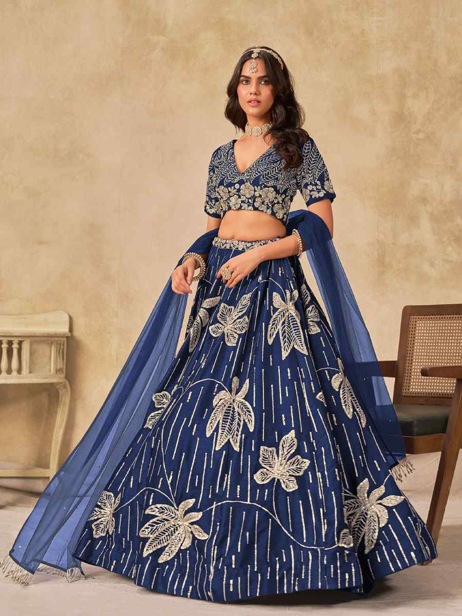 Blue Art Silk Embroidered Bridal Wedding Reception Festival Heavy Border Lehenga Choli