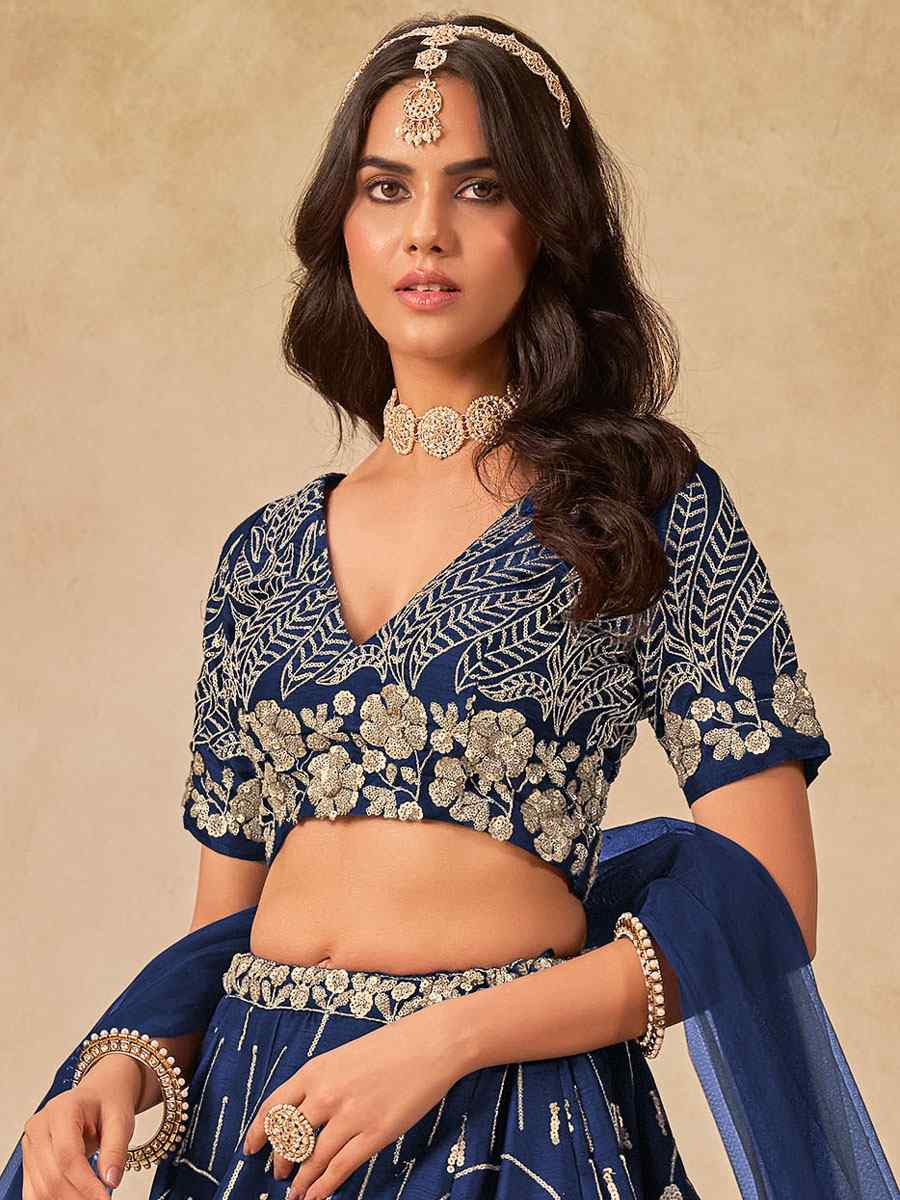 Blue Art Silk Embroidered Bridal Wedding Reception Festival Heavy Border Lehenga Choli