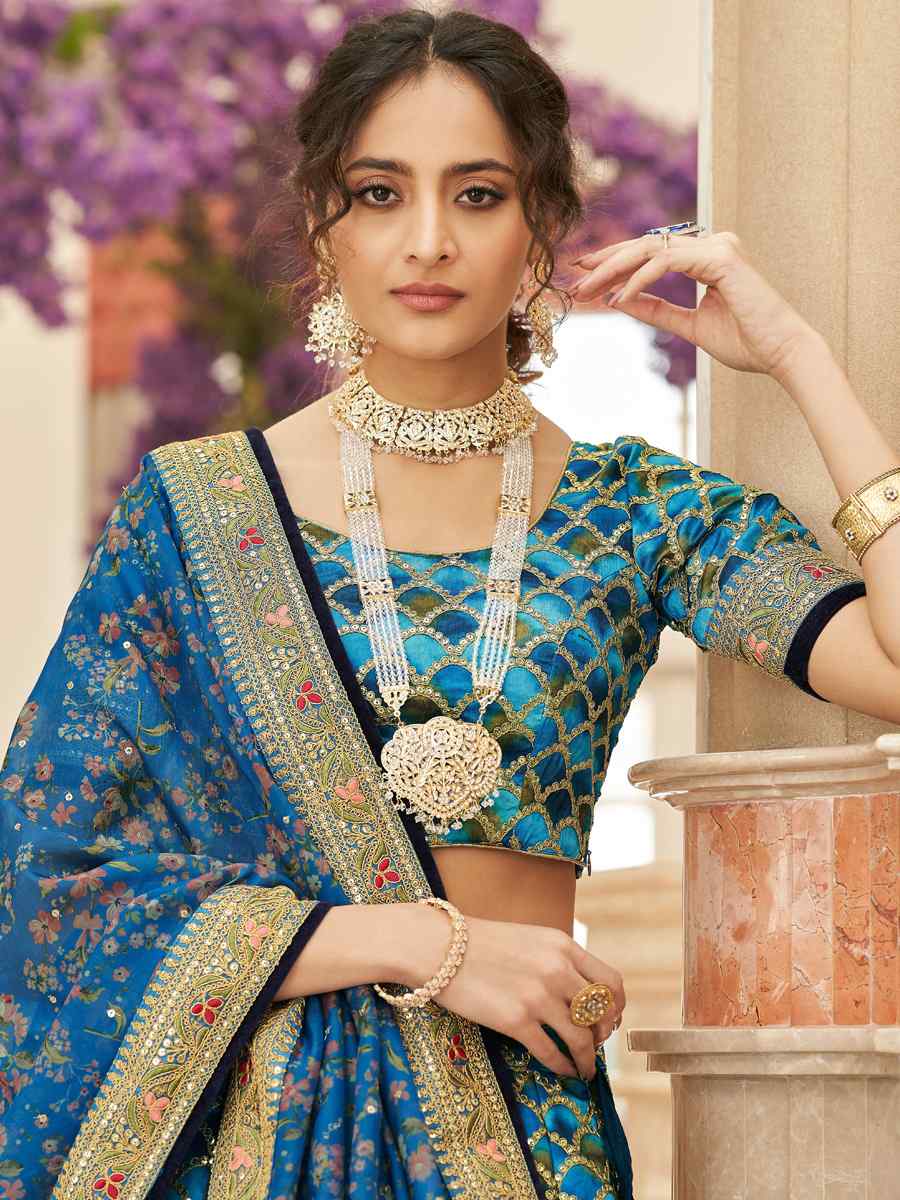 Blue Art Silk Embroidered Engagement Wedding Heavy Border Lehenga Choli