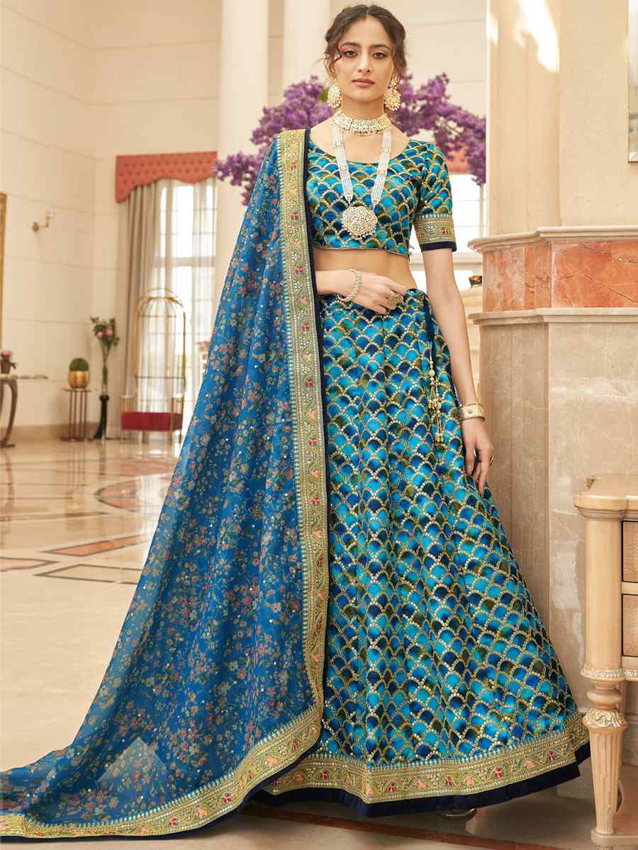 Blue Art Silk Embroidered Engagement Wedding Heavy Border Lehenga Choli
