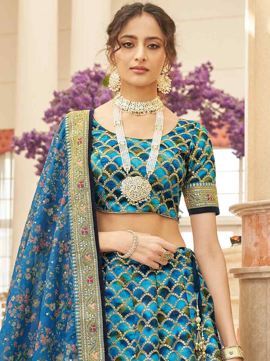 Blue Art Silk Embroidered Engagement Wedding Heavy Border Lehenga Choli