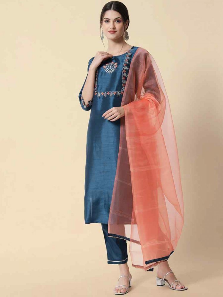 Blue Art Silk Embroidered Festival Casual Ready Pant Salwar Kameez