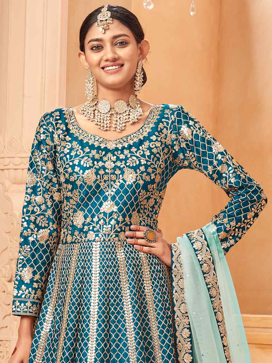 Blue Art Silk Embroidered Festival Wedding Anarkali Salwar Kameez