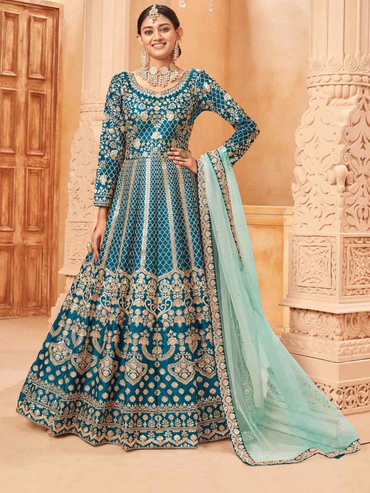 Blue Art Silk Embroidered Festival Wedding Anarkali Salwar Kameez