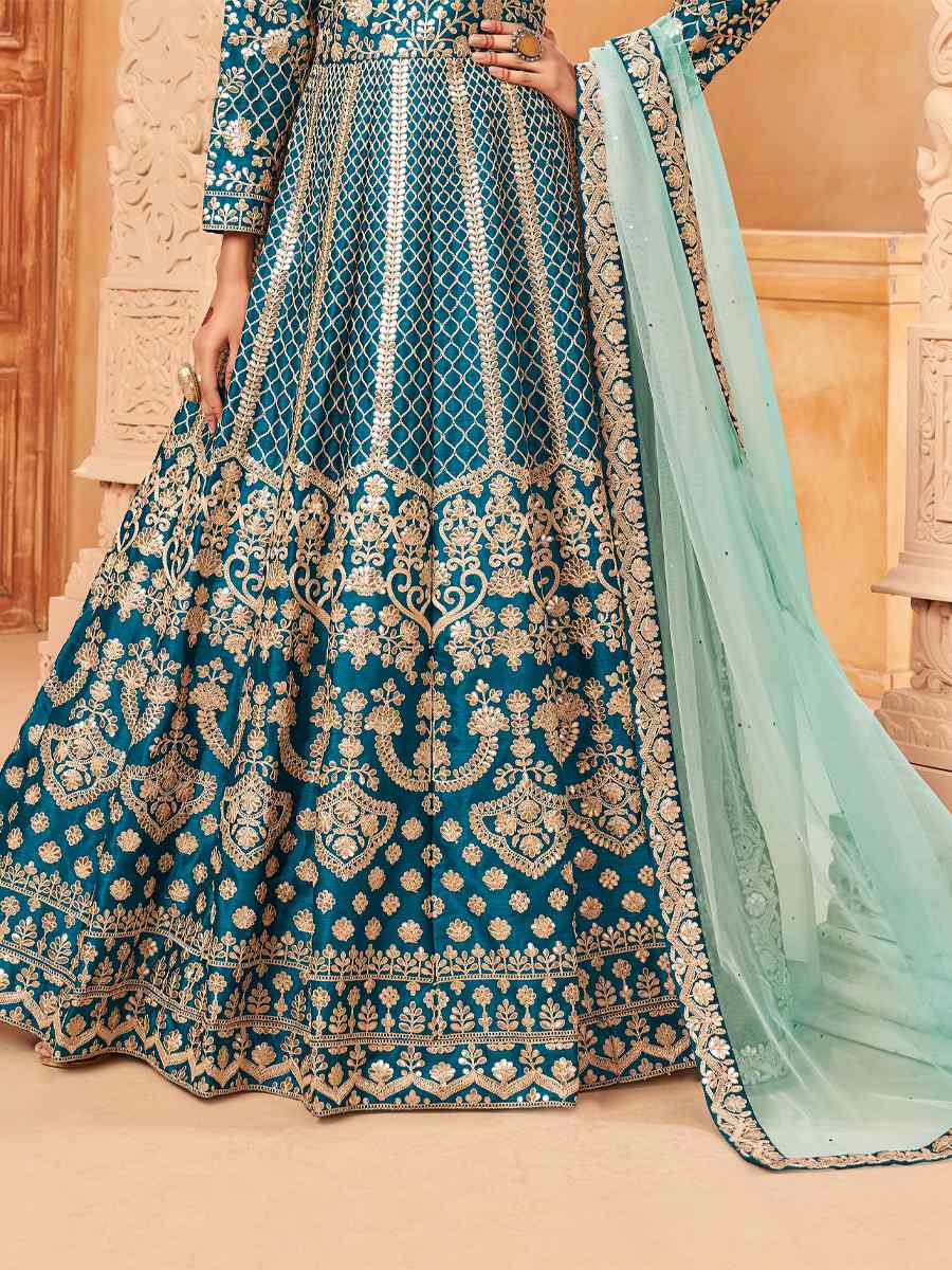 Blue Art Silk Embroidered Festival Wedding Anarkali Salwar Kameez