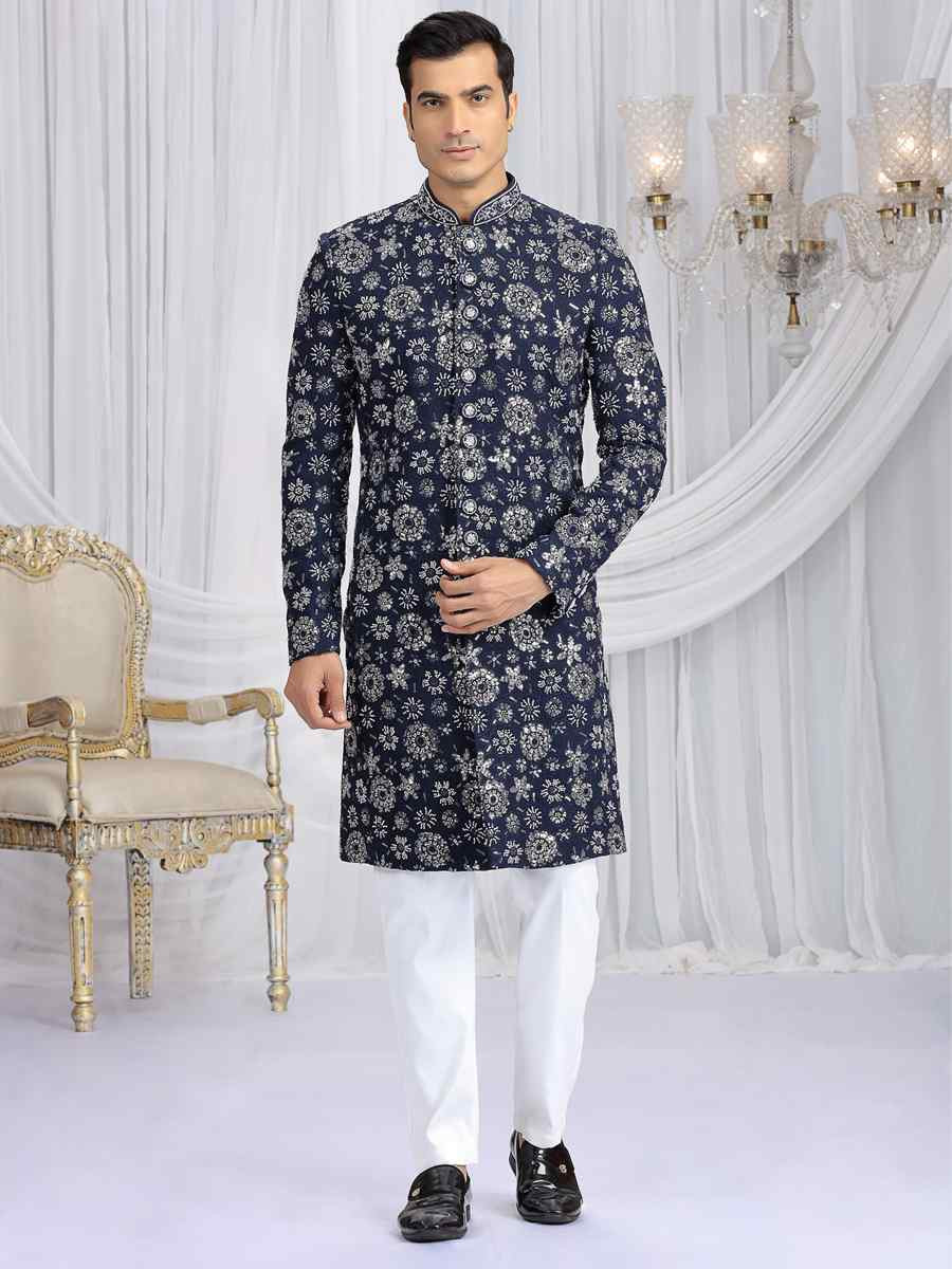 Blue Art Silk Embroidered Festival Wedding Mens Sherwani