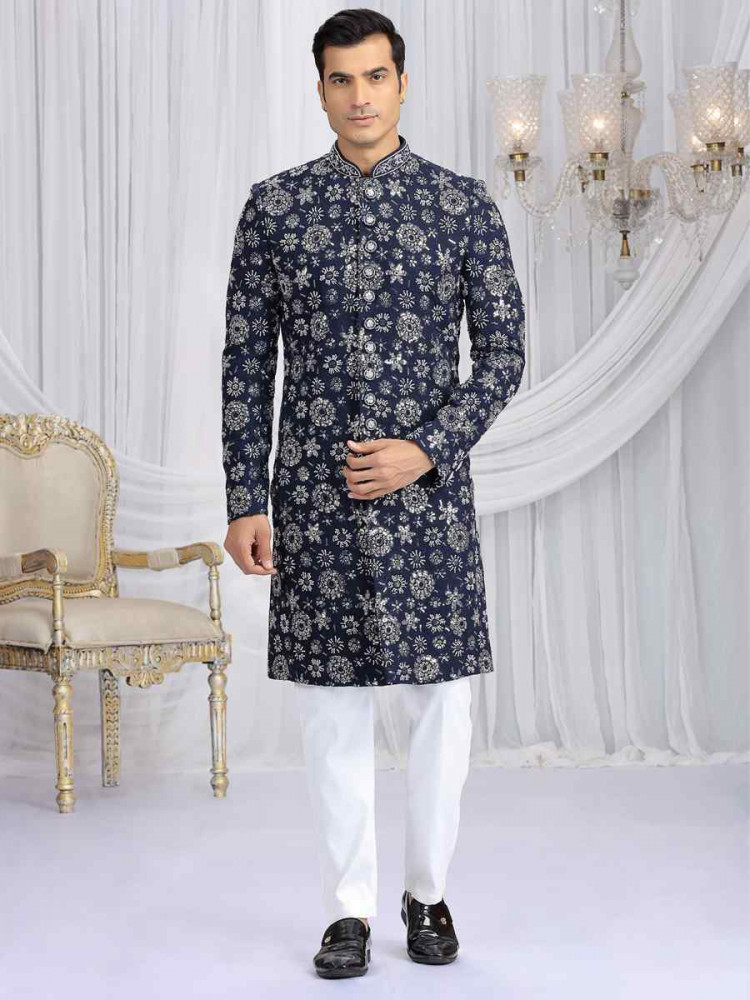 Image of Blue Art Silk Embroidered Festival Wedding Mens Sherwani
