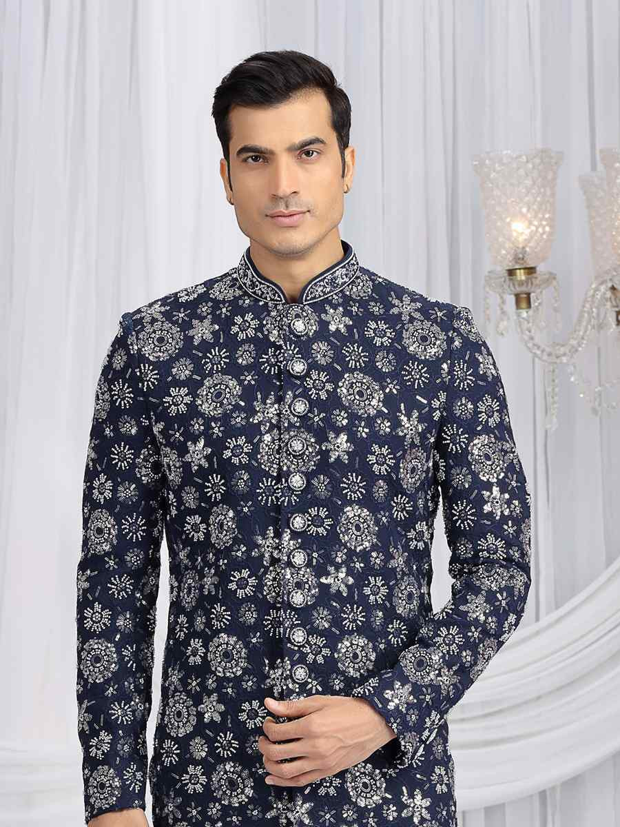Blue Art Silk Embroidered Festival Wedding Mens Sherwani