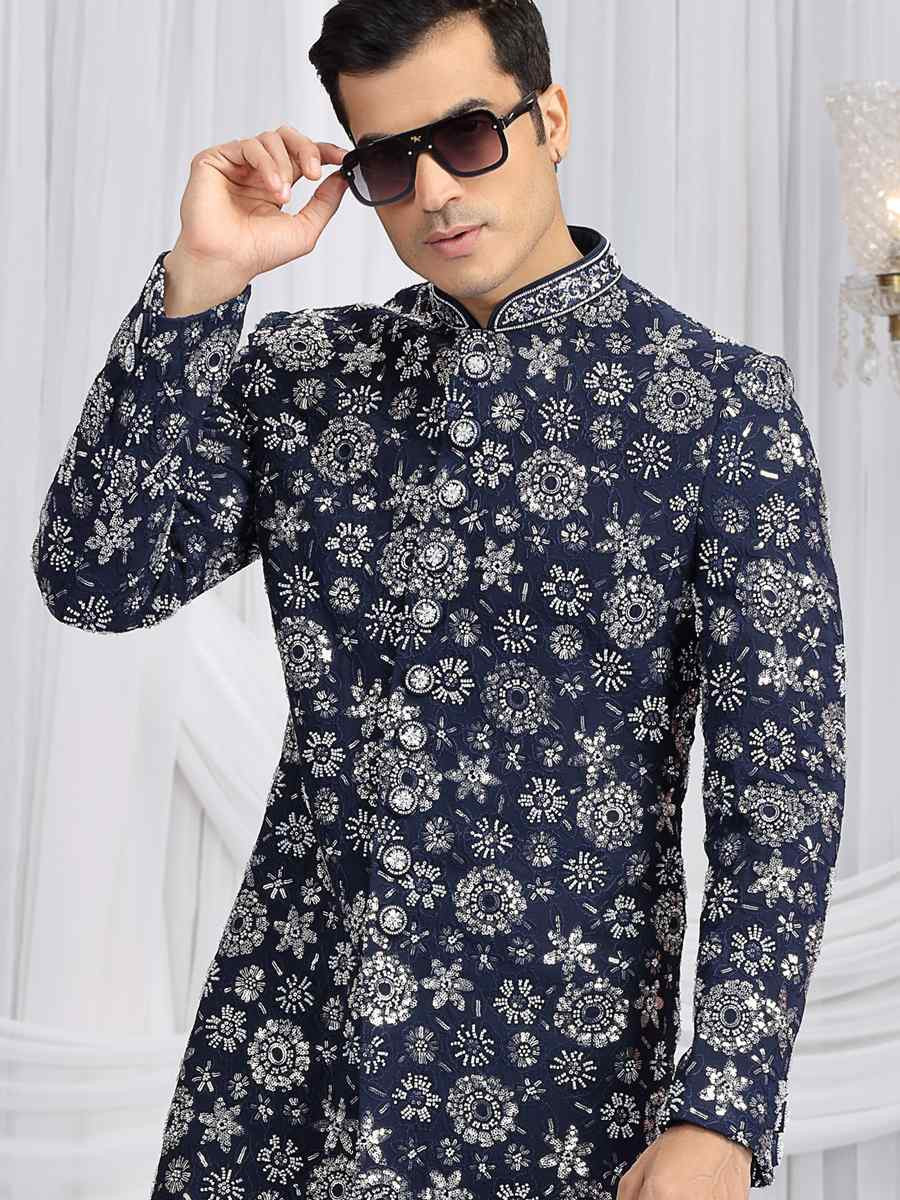 Blue Art Silk Embroidered Festival Wedding Mens Sherwani