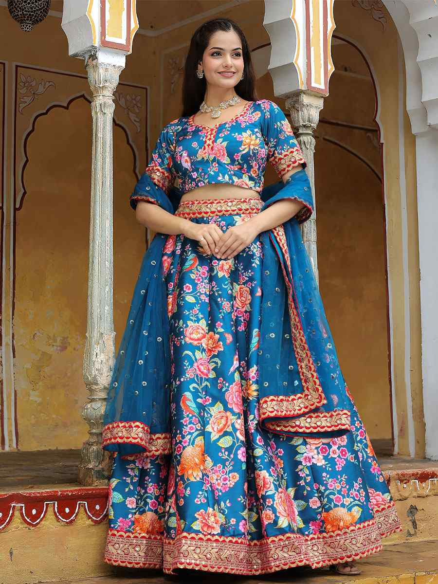 Blue Art Silk Embroidered Festival Wedding Party Reception Heavy Border Lehenga Choli