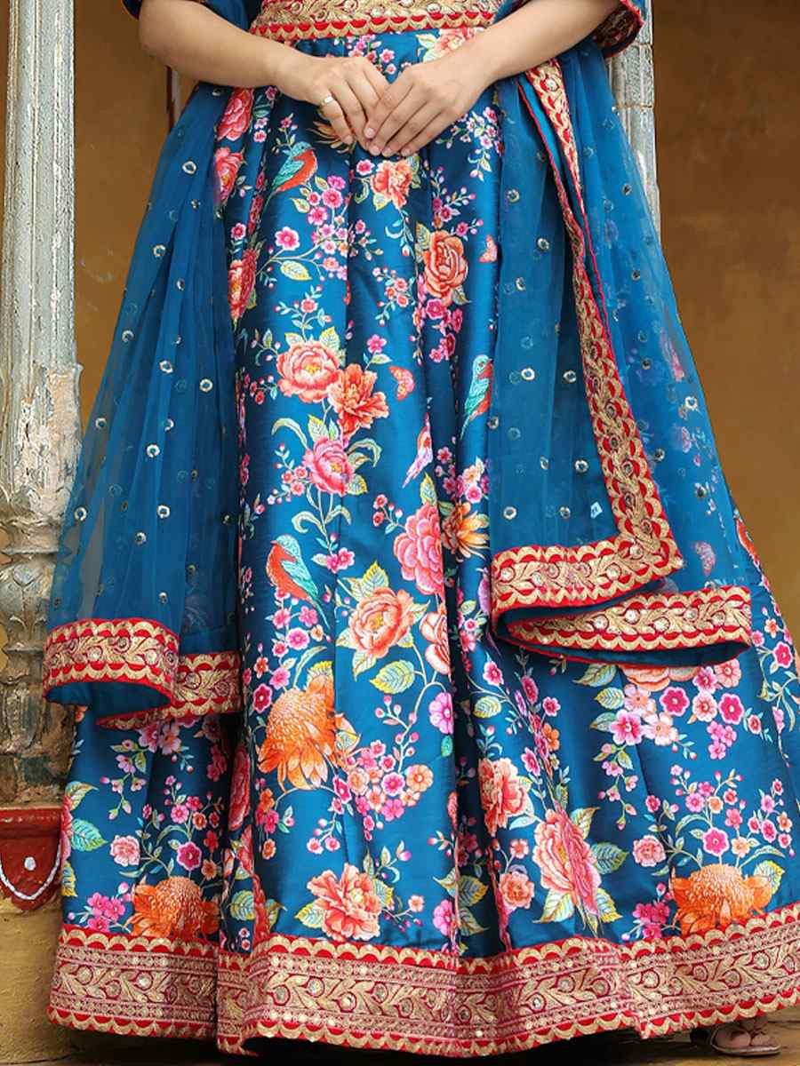 Blue Art Silk Embroidered Festival Wedding Party Reception Heavy Border Lehenga Choli