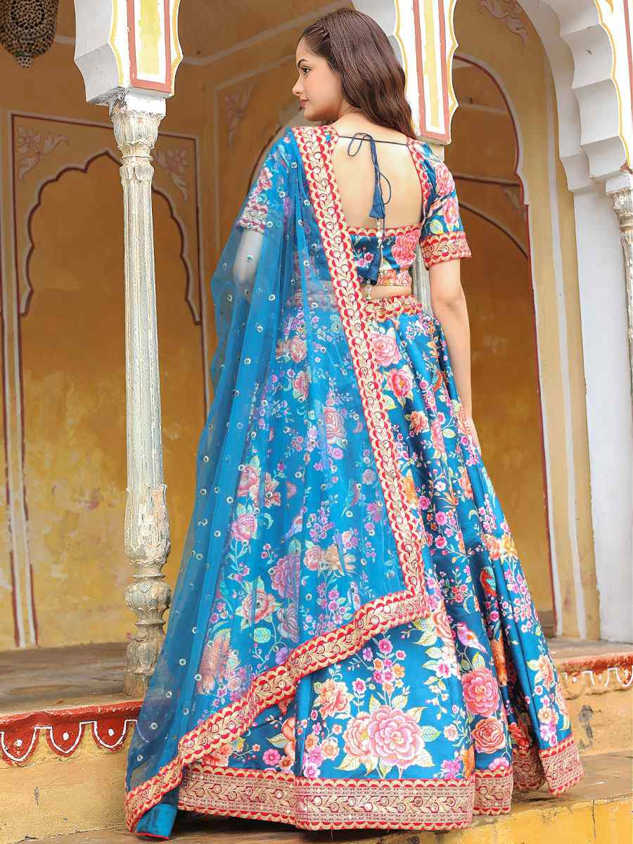 Blue Art Silk Embroidered Festival Wedding Party Reception Heavy Border Lehenga Choli