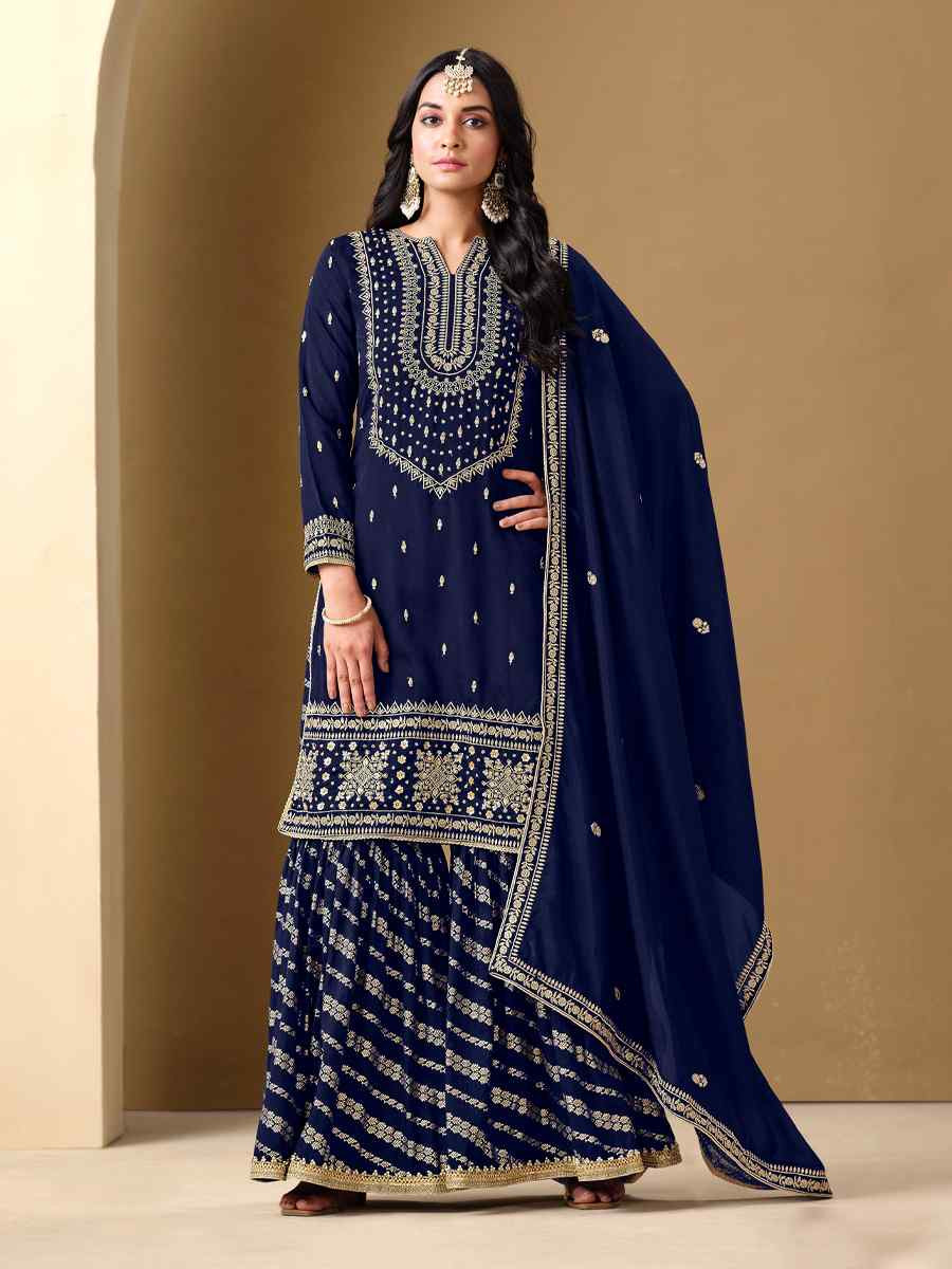 Blue Art Silk Embroidered Festival Wedding Sharara Pant Salwar Kameez