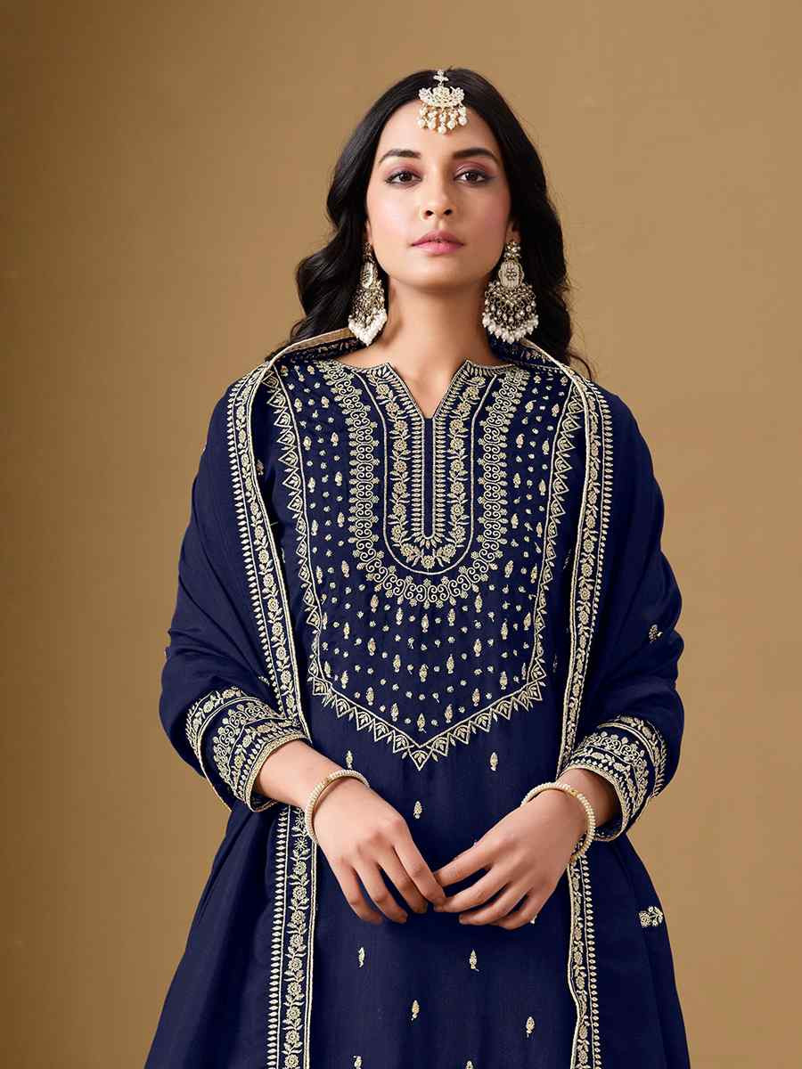 Blue Art Silk Embroidered Festival Wedding Sharara Pant Salwar Kameez