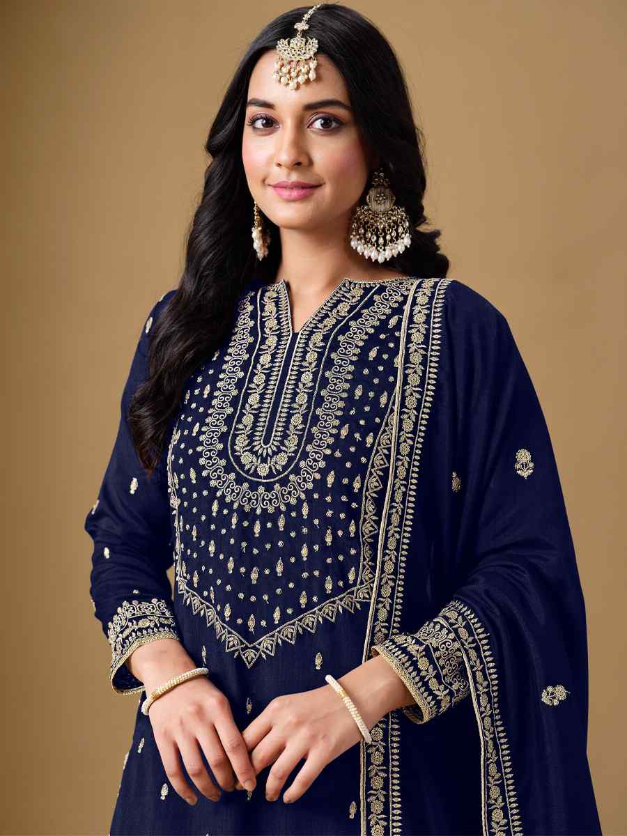 Blue Art Silk Embroidered Festival Wedding Sharara Pant Salwar Kameez
