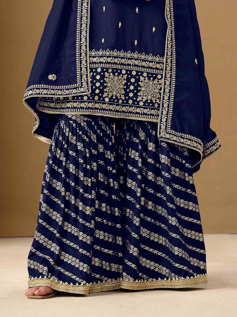Blue Art Silk Embroidered Festival Wedding Sharara Pant Salwar Kameez