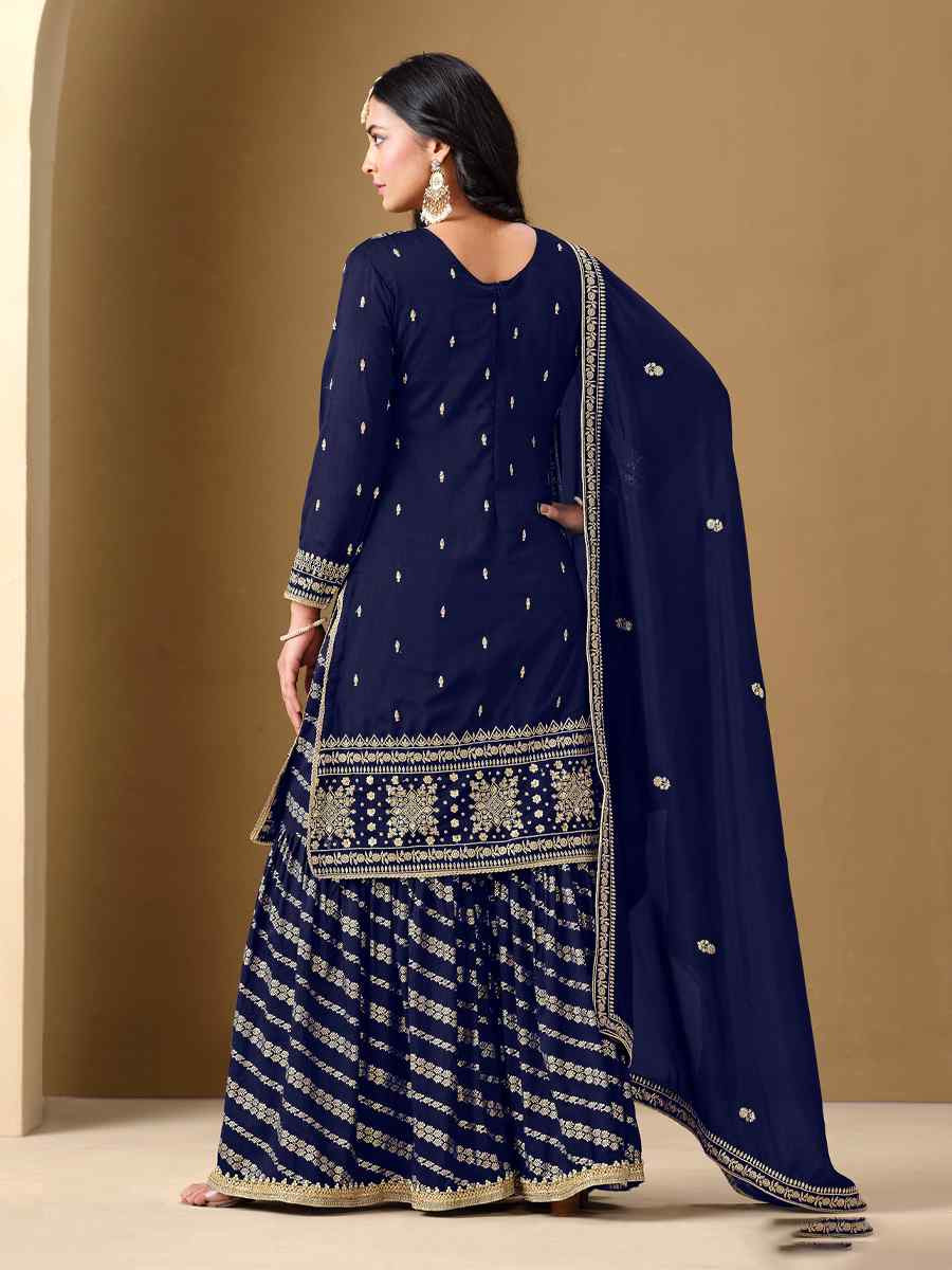 Blue Art Silk Embroidered Festival Wedding Sharara Pant Salwar Kameez