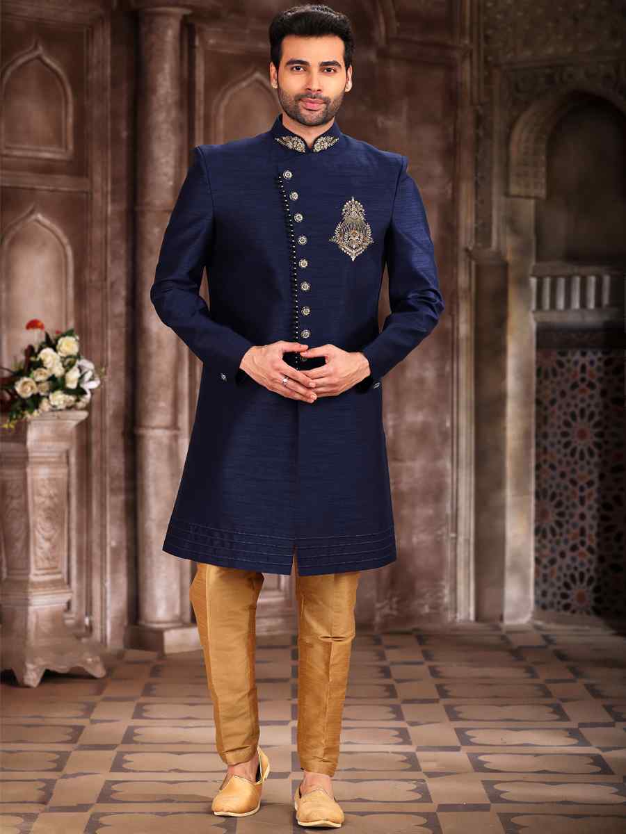 Blue Art Silk Embroidered Wedding Groom Sherwani