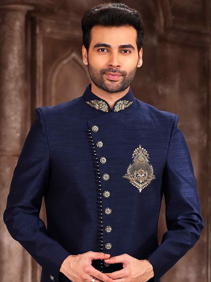 Blue Art Silk Embroidered Wedding Groom Sherwani