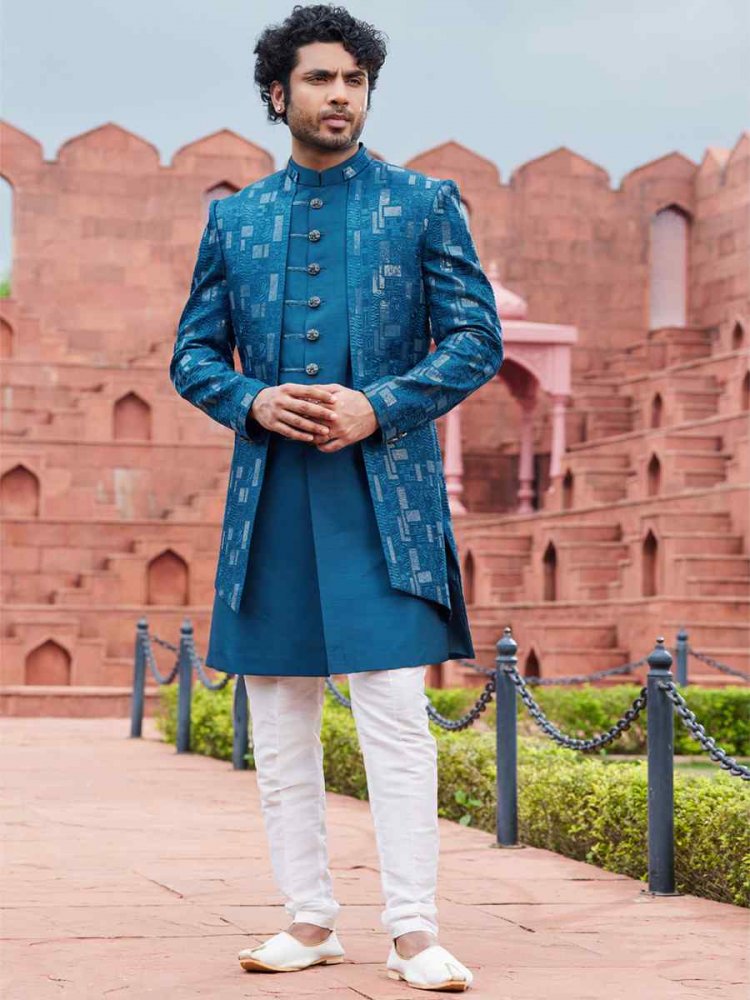 Blue Art Silk Embroidered Wedding Party Sherwani