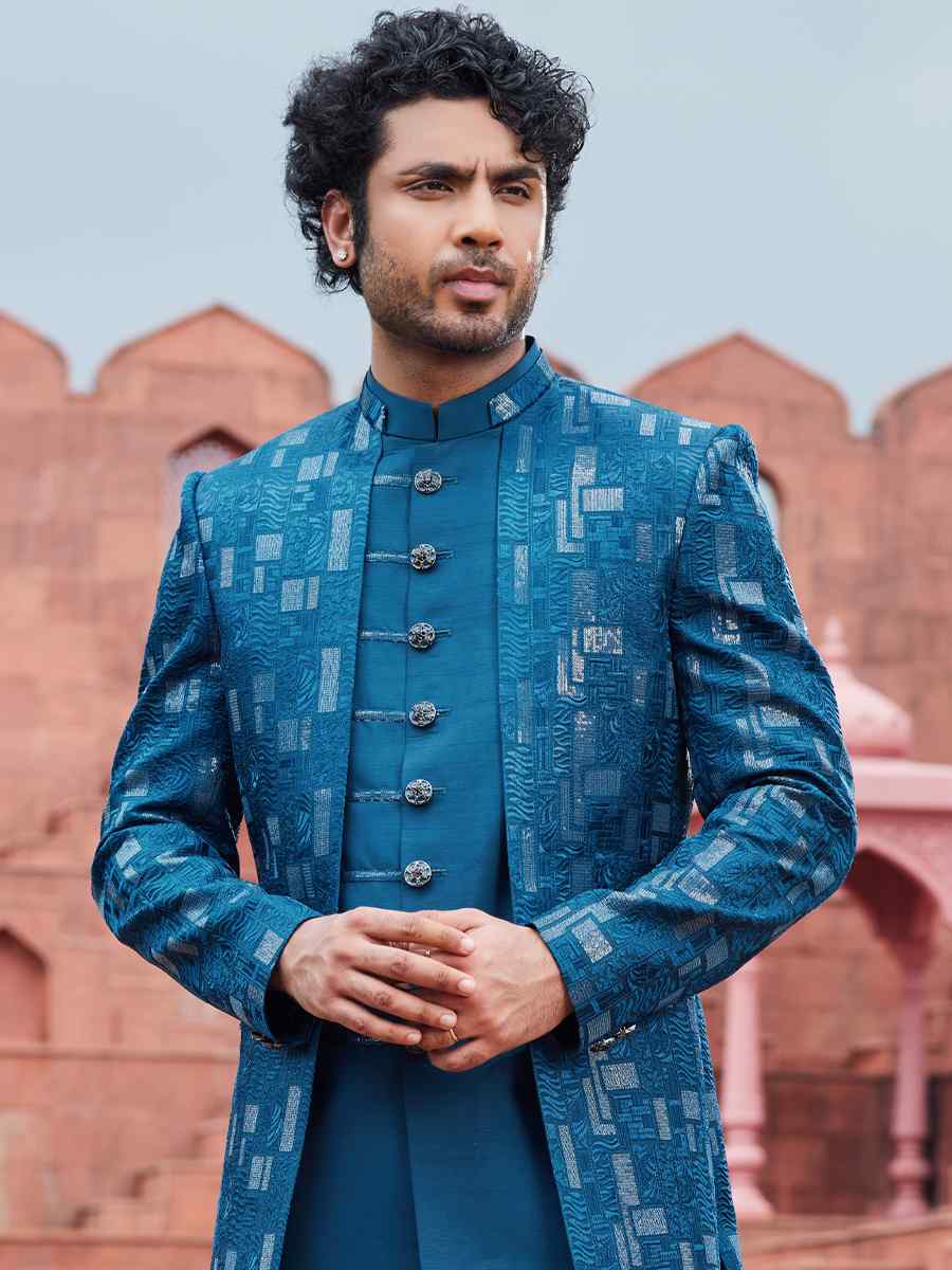 Blue Art Silk Embroidered Wedding Party Sherwani