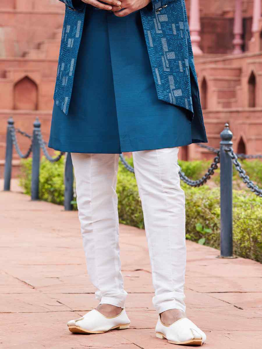 Blue Art Silk Embroidered Wedding Party Sherwani