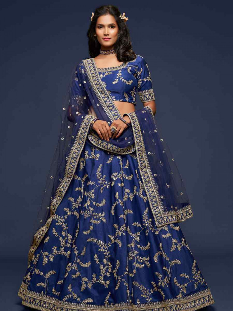Image of Blue Art Silk Embroidered Wedding Reception Festival Heavy Border Lehenga Choli