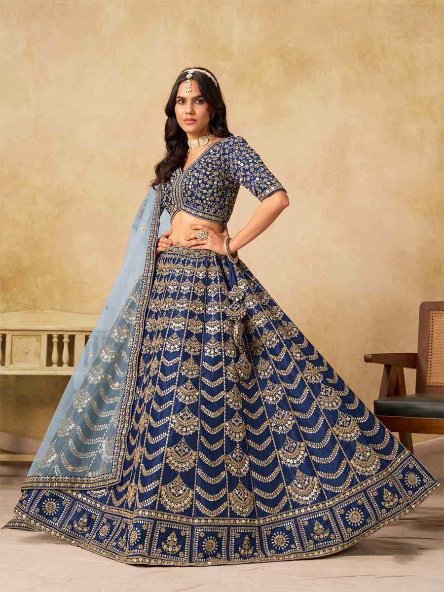 Blue Art Silk Embroidered Wedding Reception Festival Heavy Border Lehenga Choli