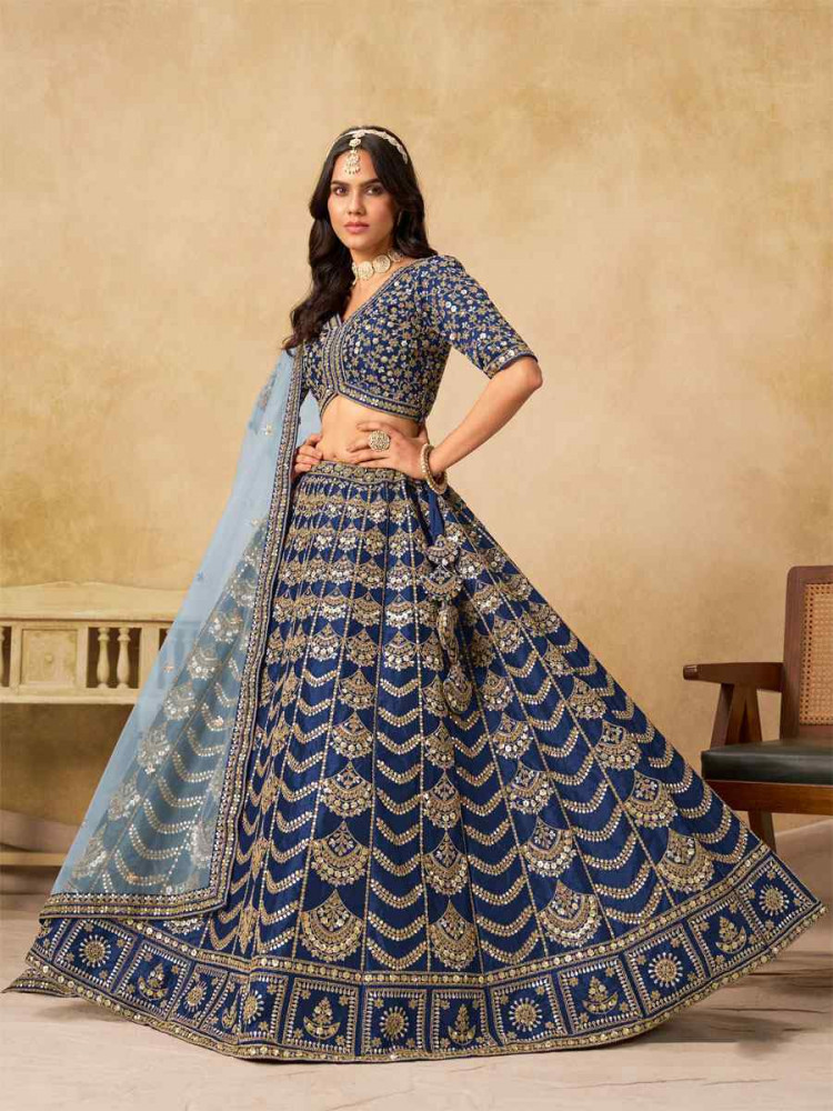 Image of Blue Art Silk Embroidered Wedding Reception Festival Heavy Border Lehenga Choli