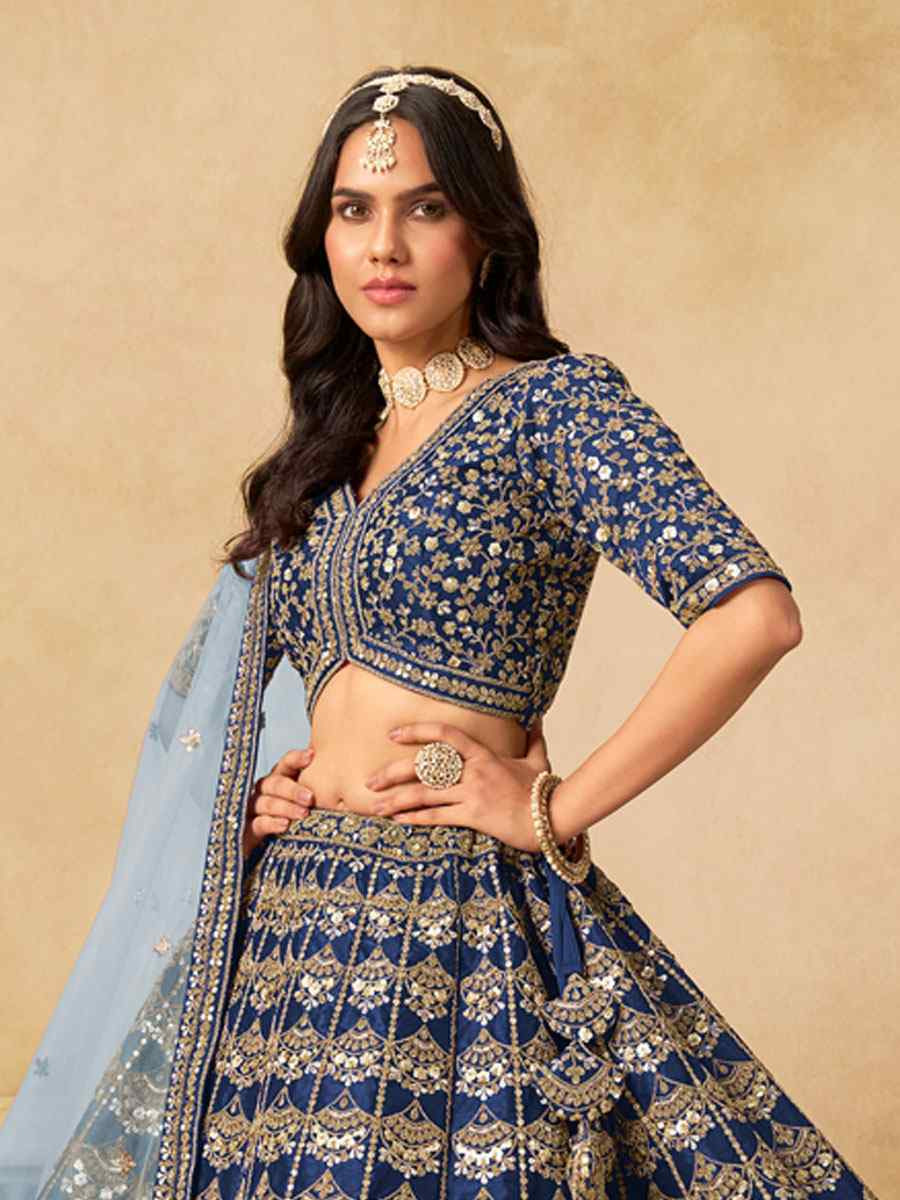 Blue Art Silk Embroidered Wedding Reception Festival Heavy Border Lehenga Choli