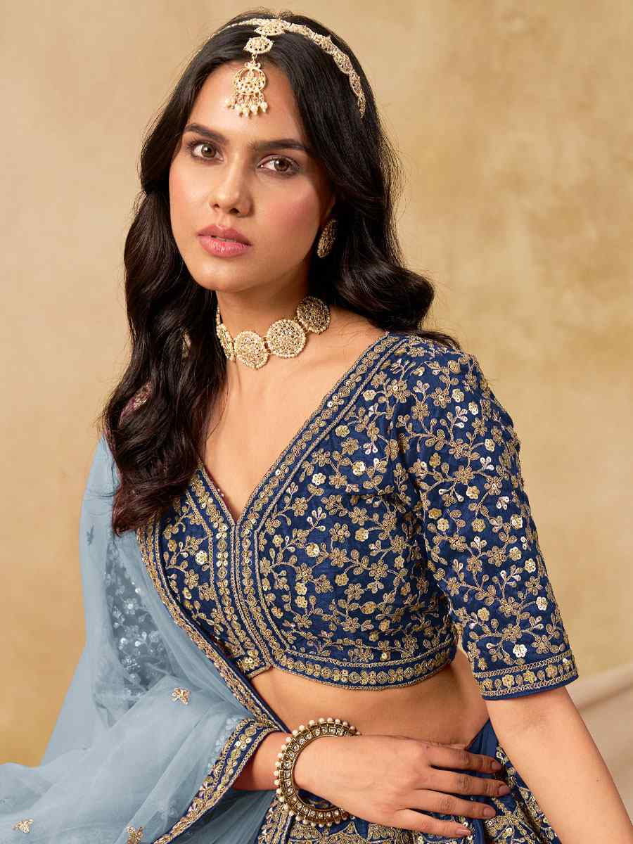 Blue Art Silk Embroidered Wedding Reception Festival Heavy Border Lehenga Choli