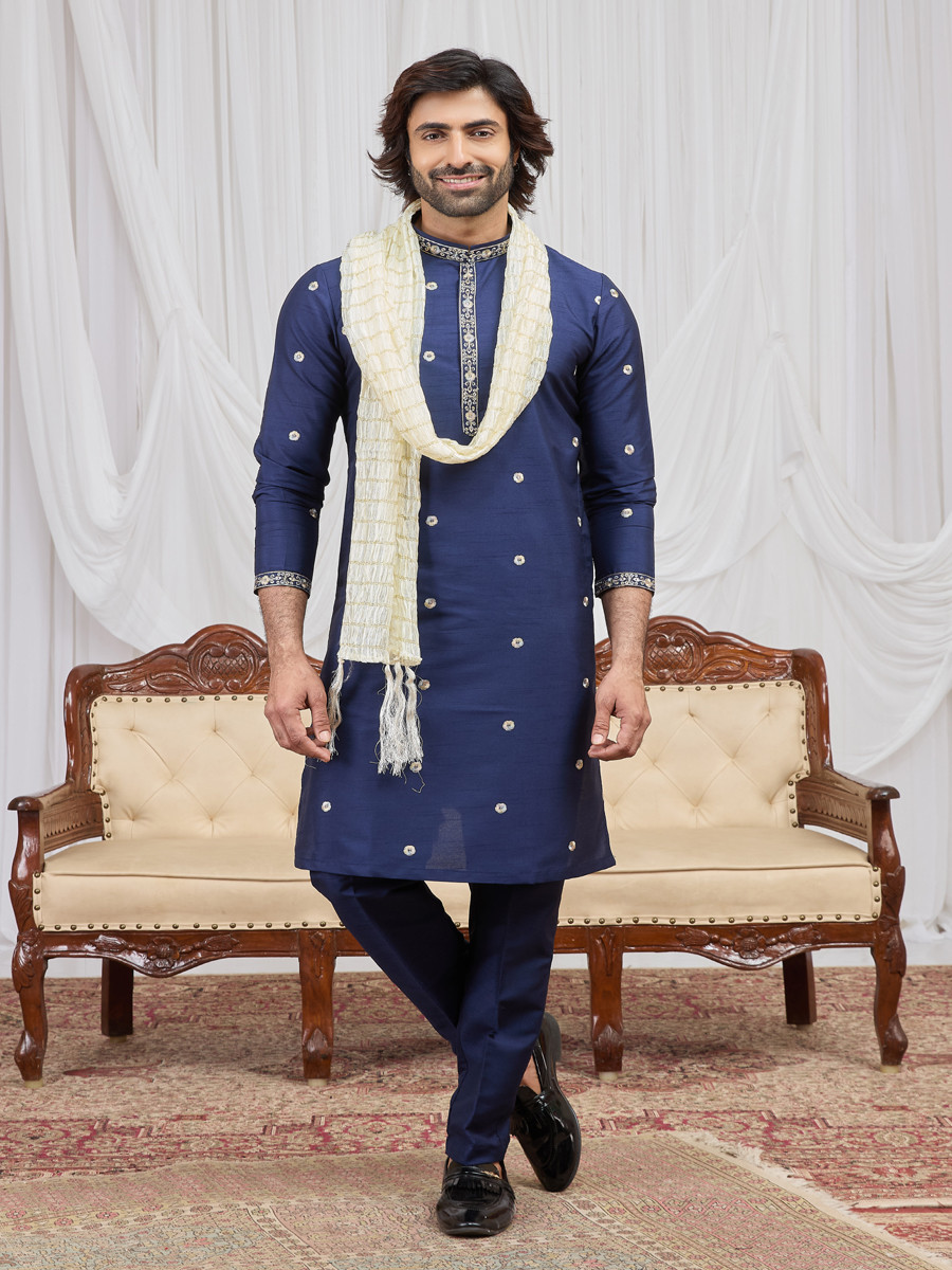 Blue Art Silk Embroidery Wedding Party Festival Ready Mens Kurta