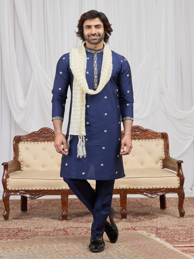 Image of Blue Art Silk Embroidery Wedding Party Festival Ready Mens Kurta