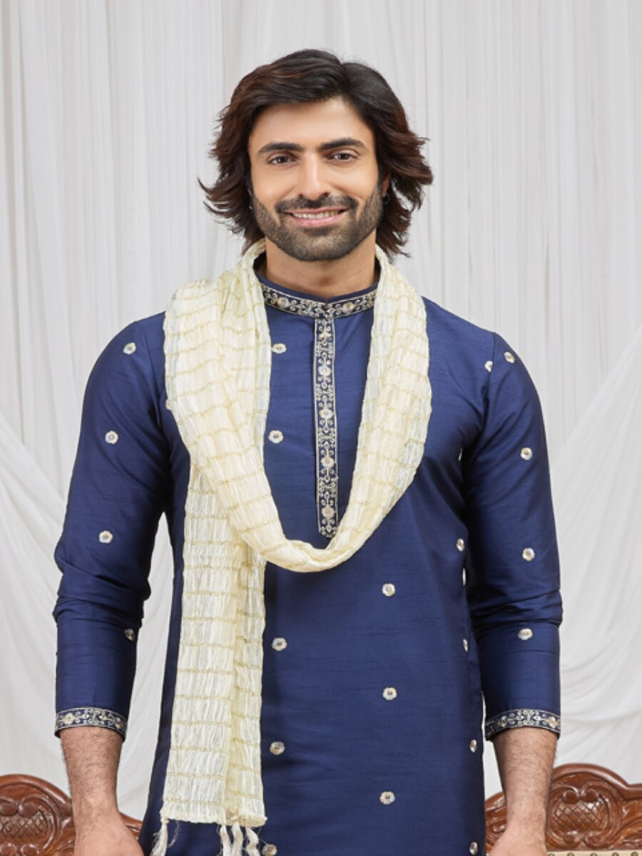 Blue Art Silk Embroidery Wedding Party Festival Ready Mens Kurta