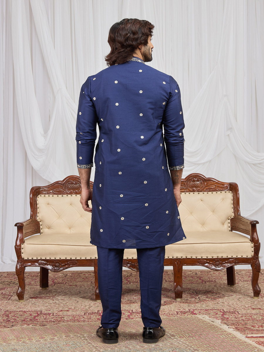 Blue Art Silk Embroidery Wedding Party Festival Ready Mens Kurta