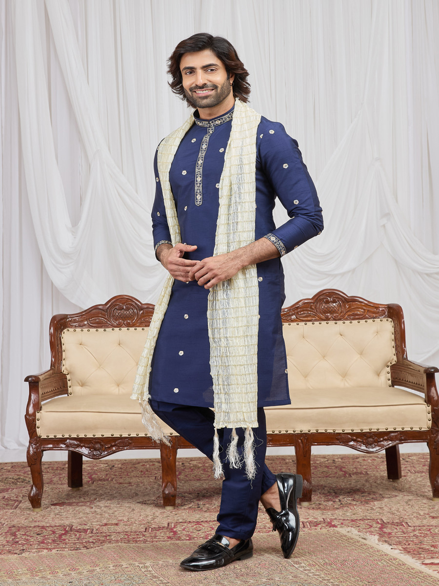 Blue Art Silk Embroidery Wedding Party Festival Ready Mens Kurta