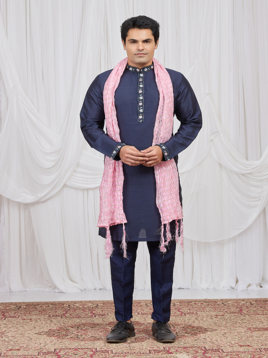 Blue Art Silk Embroidery Wedding Party Festival Ready Mens Kurta