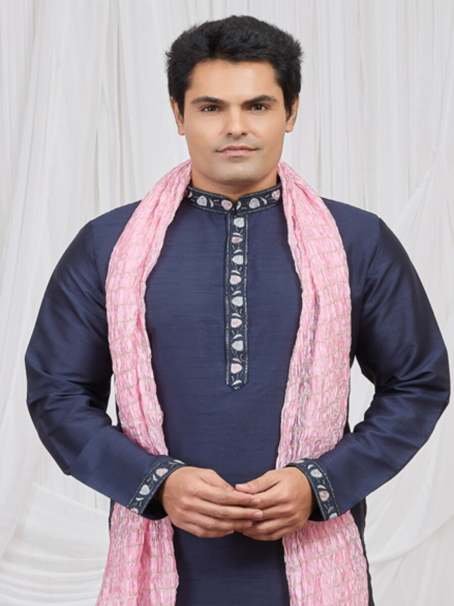 Blue Art Silk Embroidery Wedding Party Festival Ready Mens Kurta