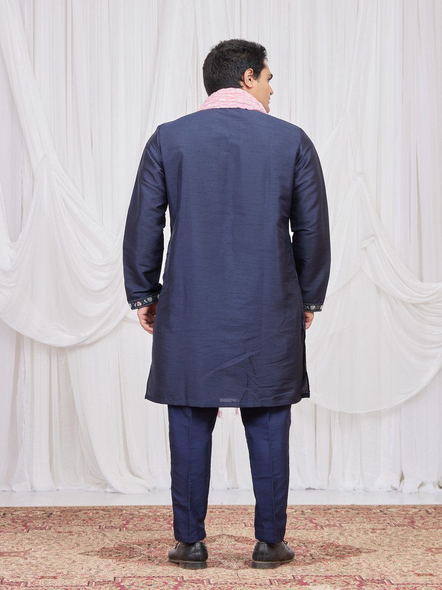 Blue Art Silk Embroidery Wedding Party Festival Ready Mens Kurta