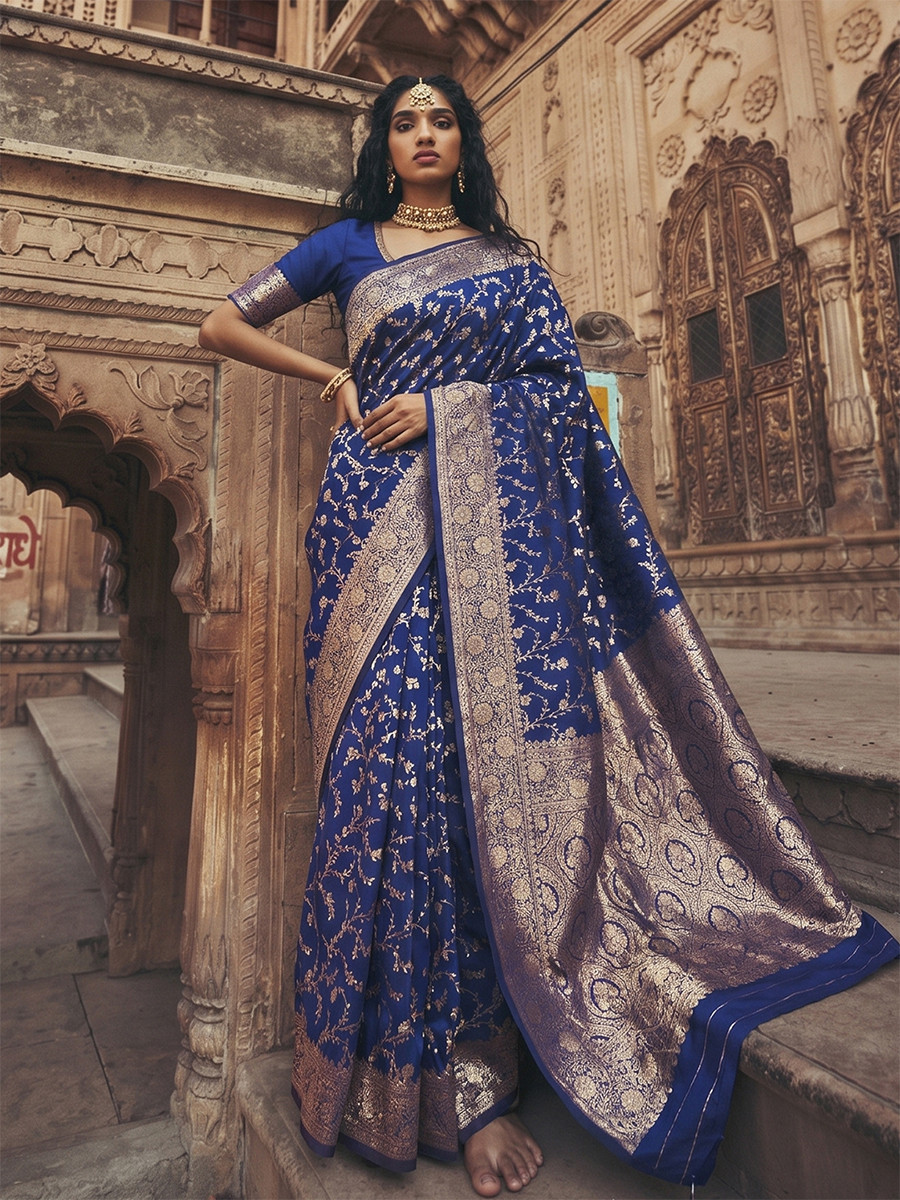 Blue Art Silk Jacquard Wedding Reception Party Festival Casual Heavy Border Sarees