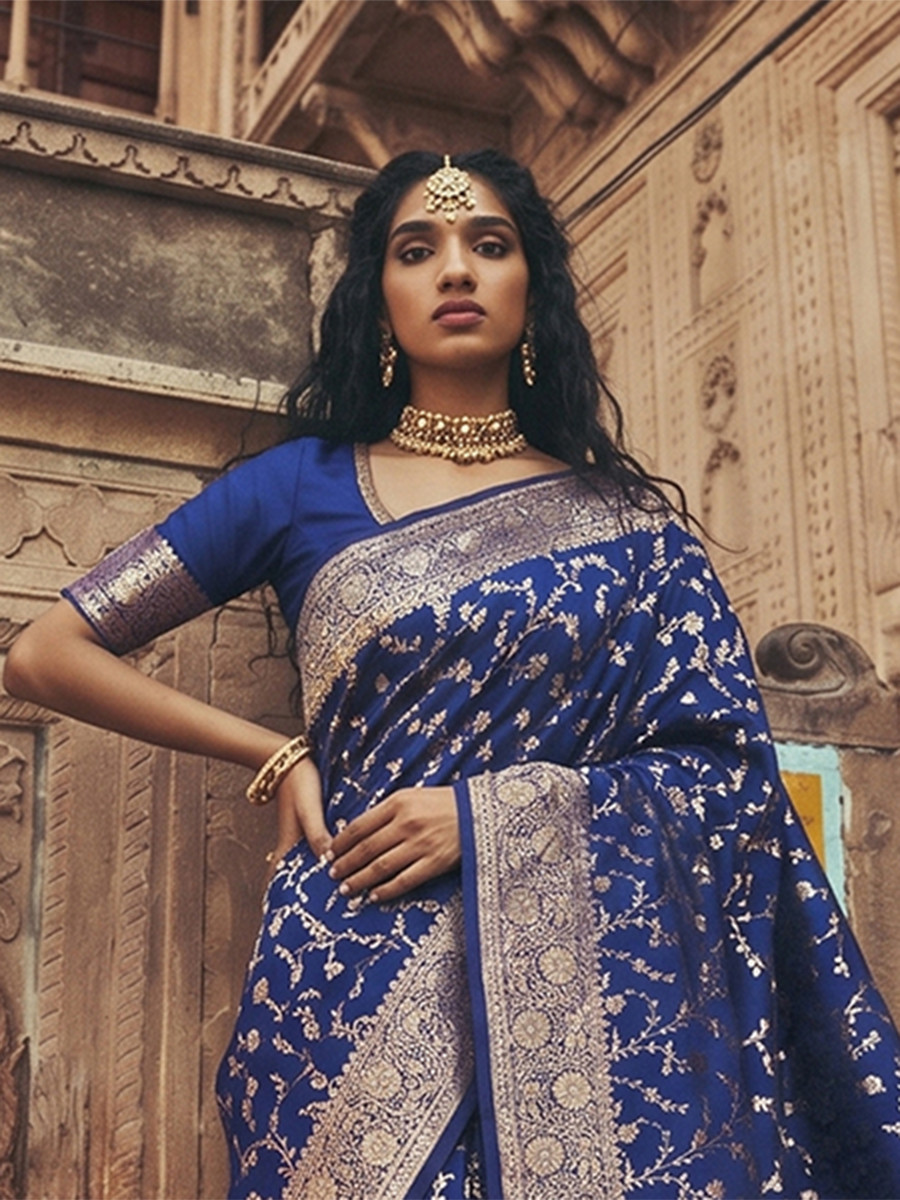 Blue Art Silk Jacquard Wedding Reception Party Festival Casual Heavy Border Sarees